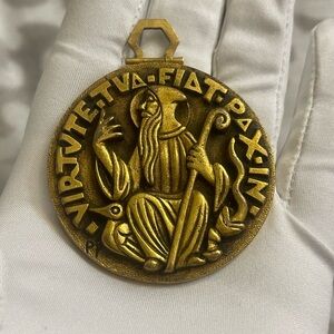 Art Deco golded bronze charm religious medal pendant St Benedict exorcist by Fer